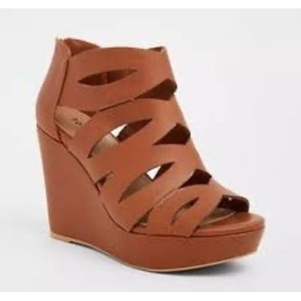 Torrid Cognac Brown Caged Platform Wedge Sandals Boots 8.5W Wide Fit New Booties